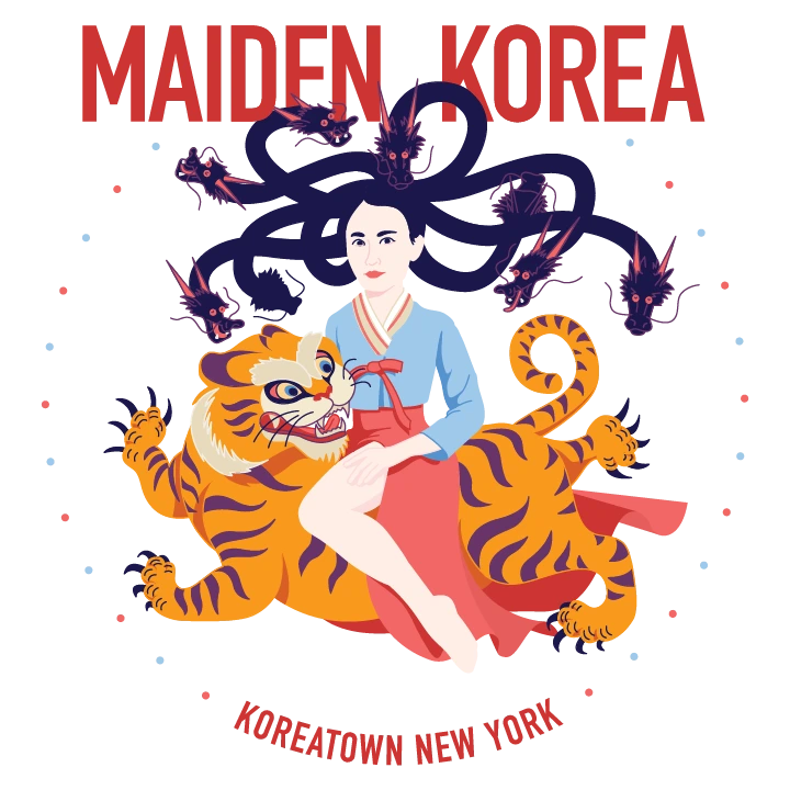 Maiden Korea poster: the maiden riding a tiger, her hair a crown of dragons, over the words Koreatown New York
